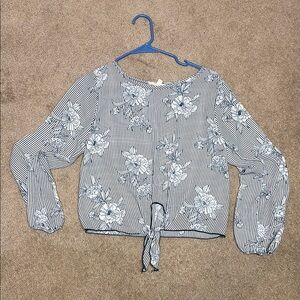 Mind Code White and Blue Tie Front Long Sleeve Blouse